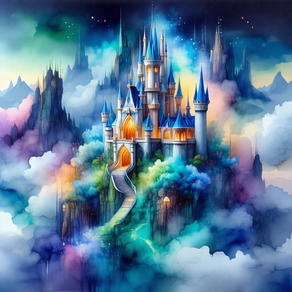 Colorful painting of a castle, which is situated on top o...