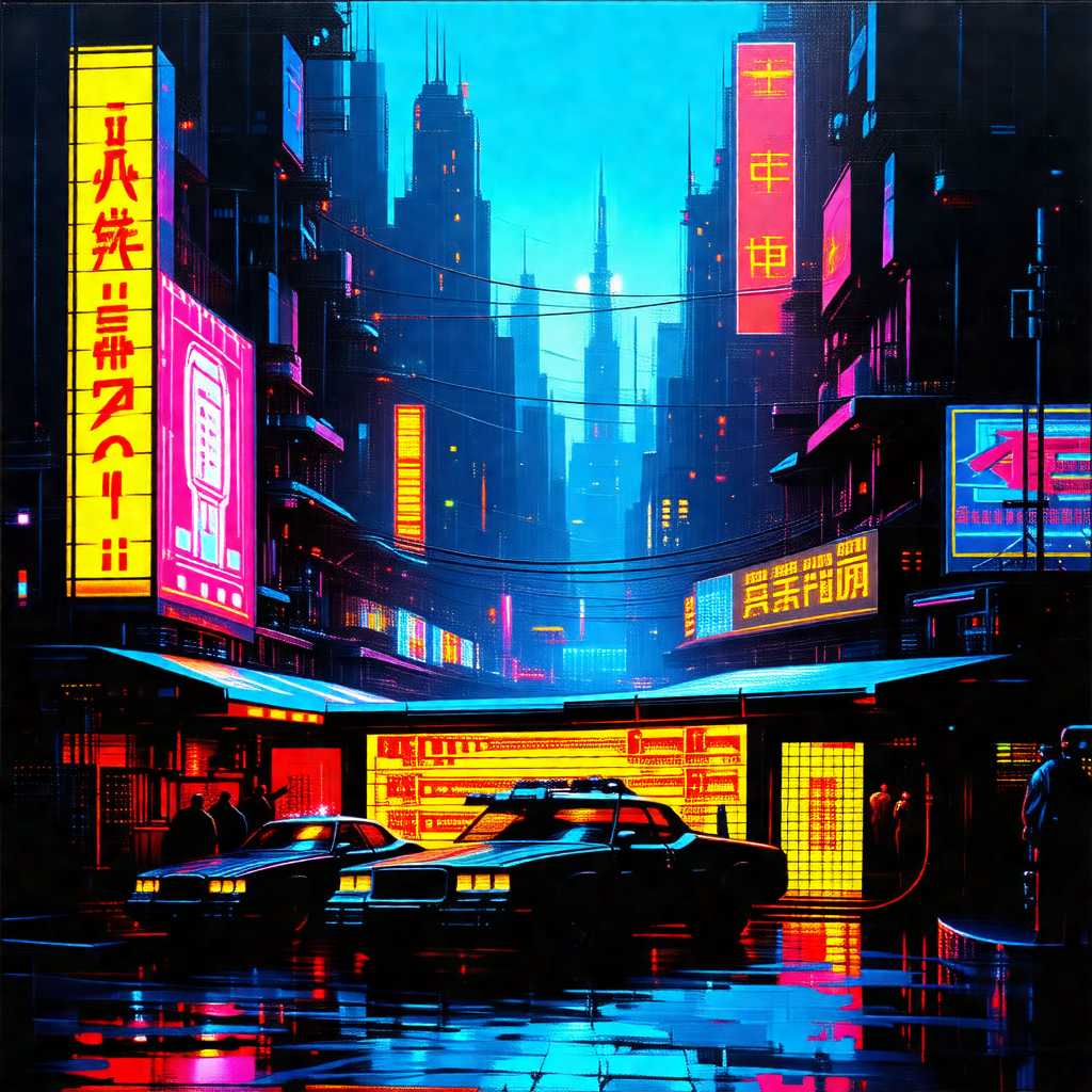 Colorful, futuristic cityscape with a focus on a street s...