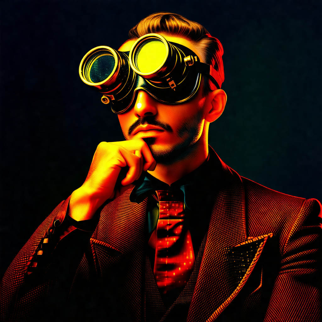 Man wearing a suit and tie, with a pair of goggles on his...