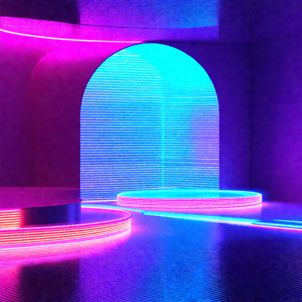 Large, open room with a purple and blue light show