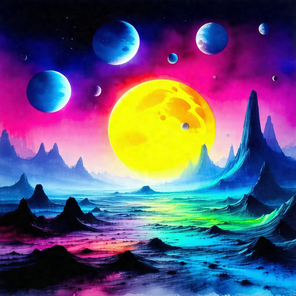 Colorful painting of a planet with a sun in the center
