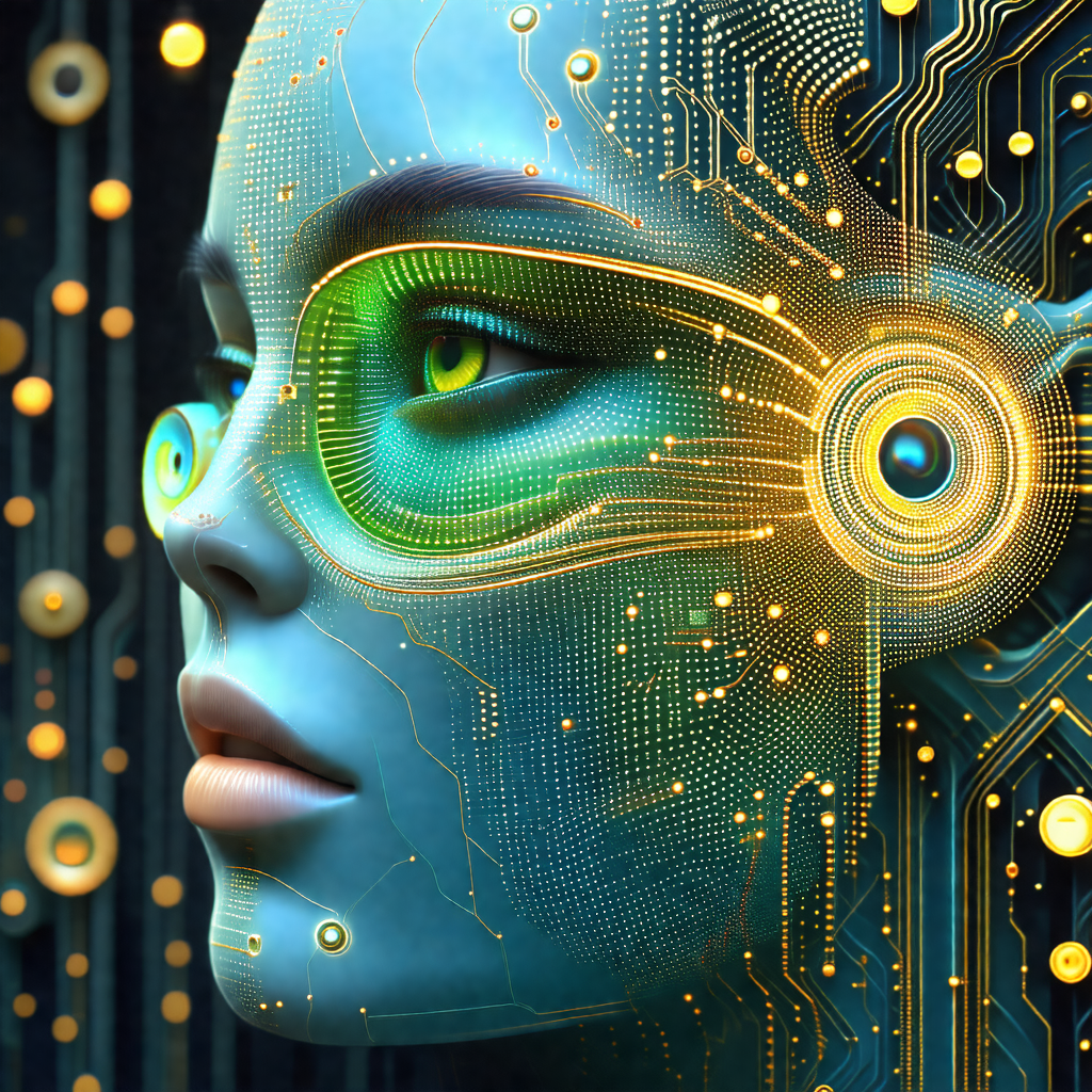 Futuristic robotic face with a green eye, surrounded by a...