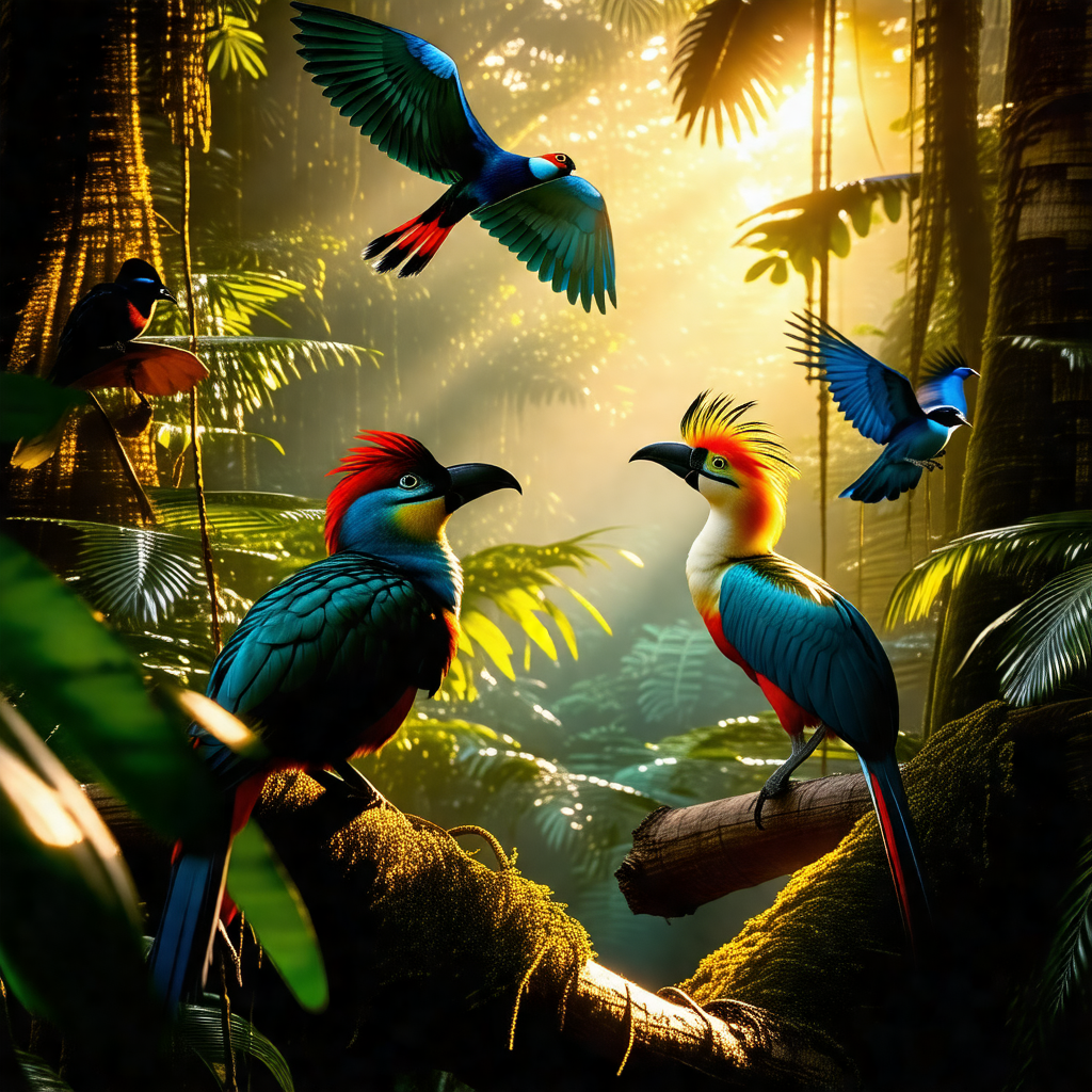 Lush green forest filled with a variety of birds