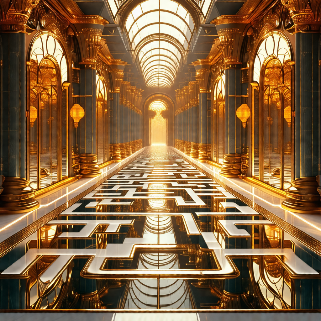 Painting of a hallway in a building, featuring a long, na...