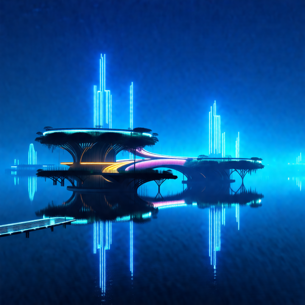 Futuristic city with a large, illuminated structure float...