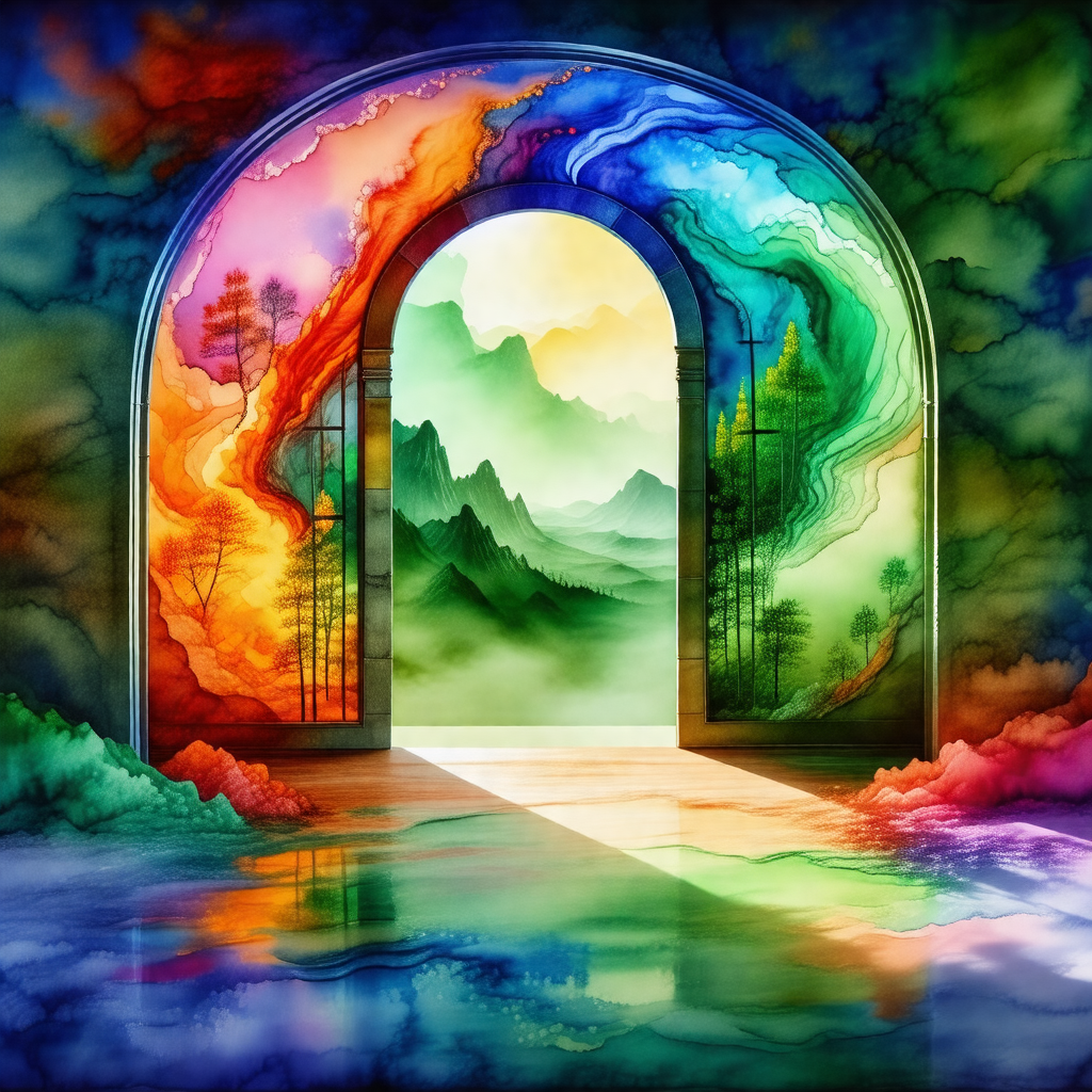 Painting of a doorway with a rainbow-colored archway
