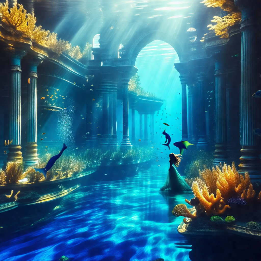 Beautiful underwater scene with a woman in a blue dress s...
