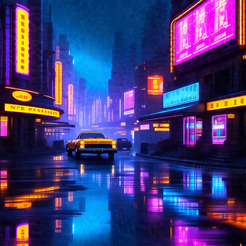 Colorful, artistic depiction of a city street at night
