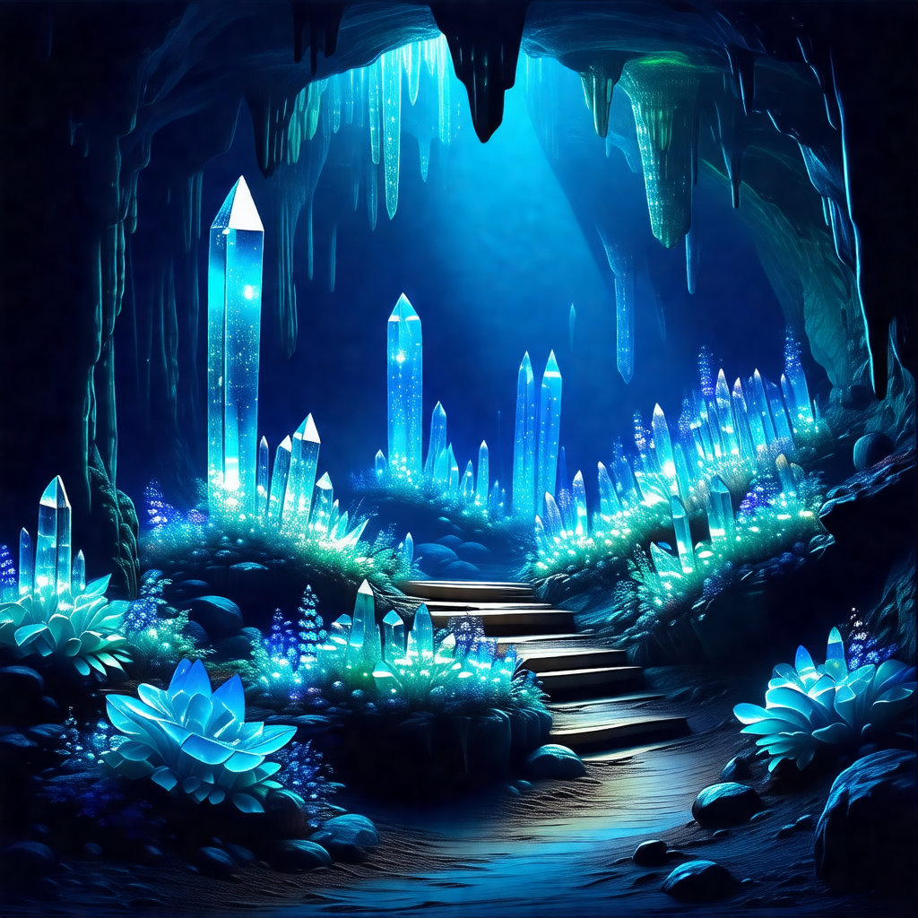 Cave with a blue light illuminating the space