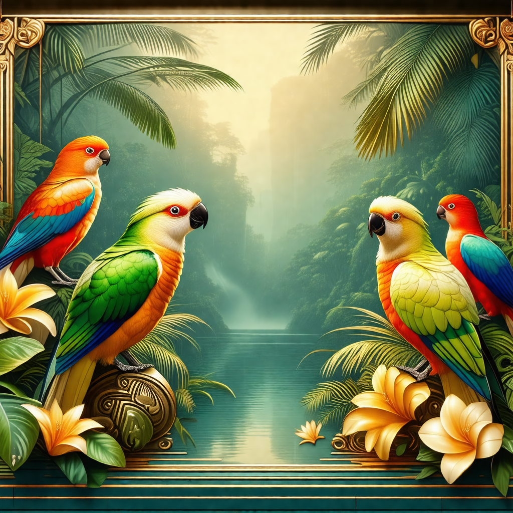 Group of colorful birds sitting on a branch near a body o...