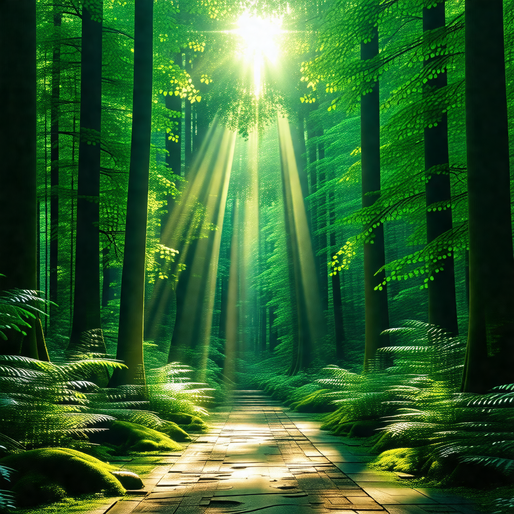 Serene forest scene with a pathway leading through the trees