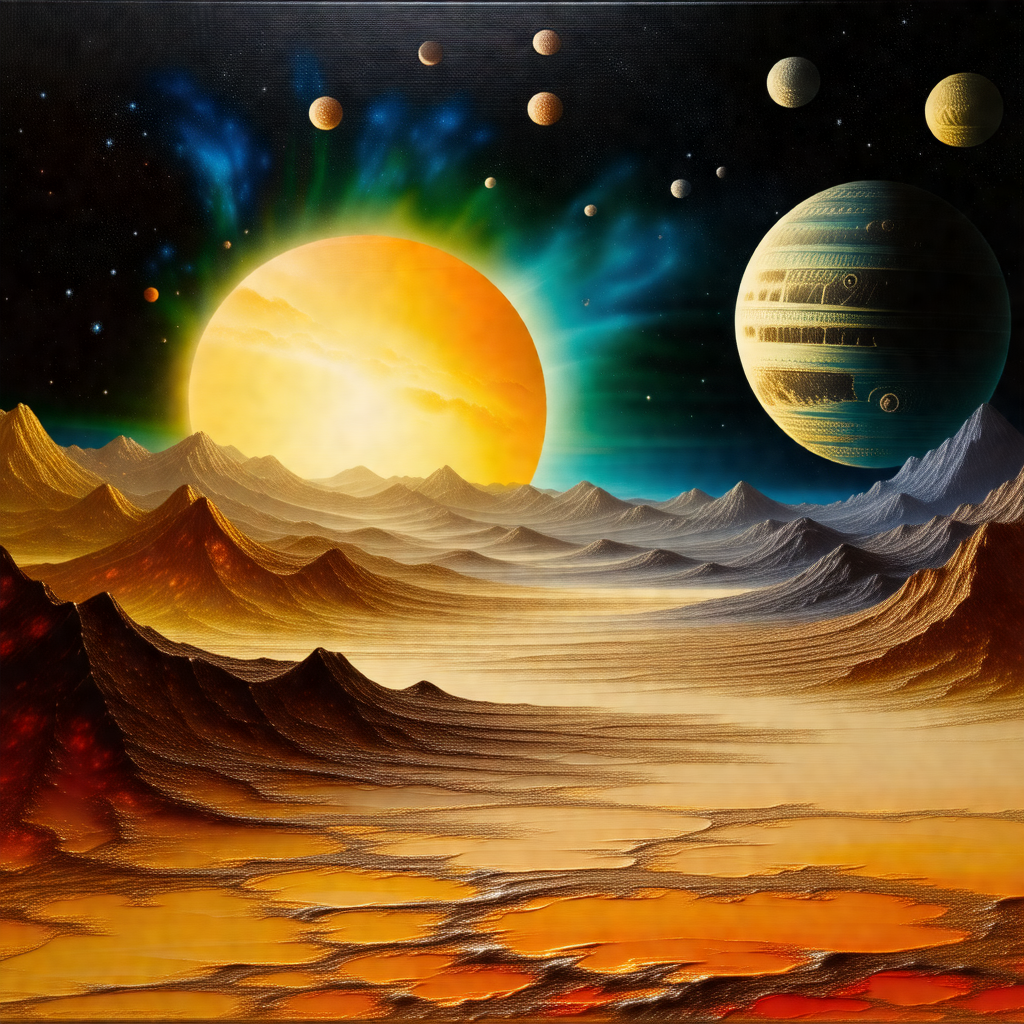 Painting of a planet with a sun in the center, surrounded...