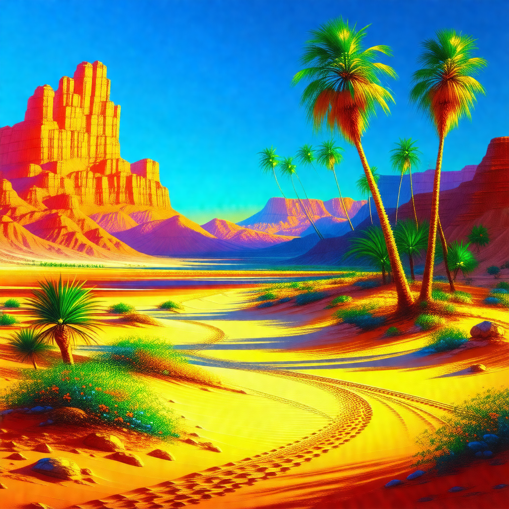 Colorful painting of a desert landscape