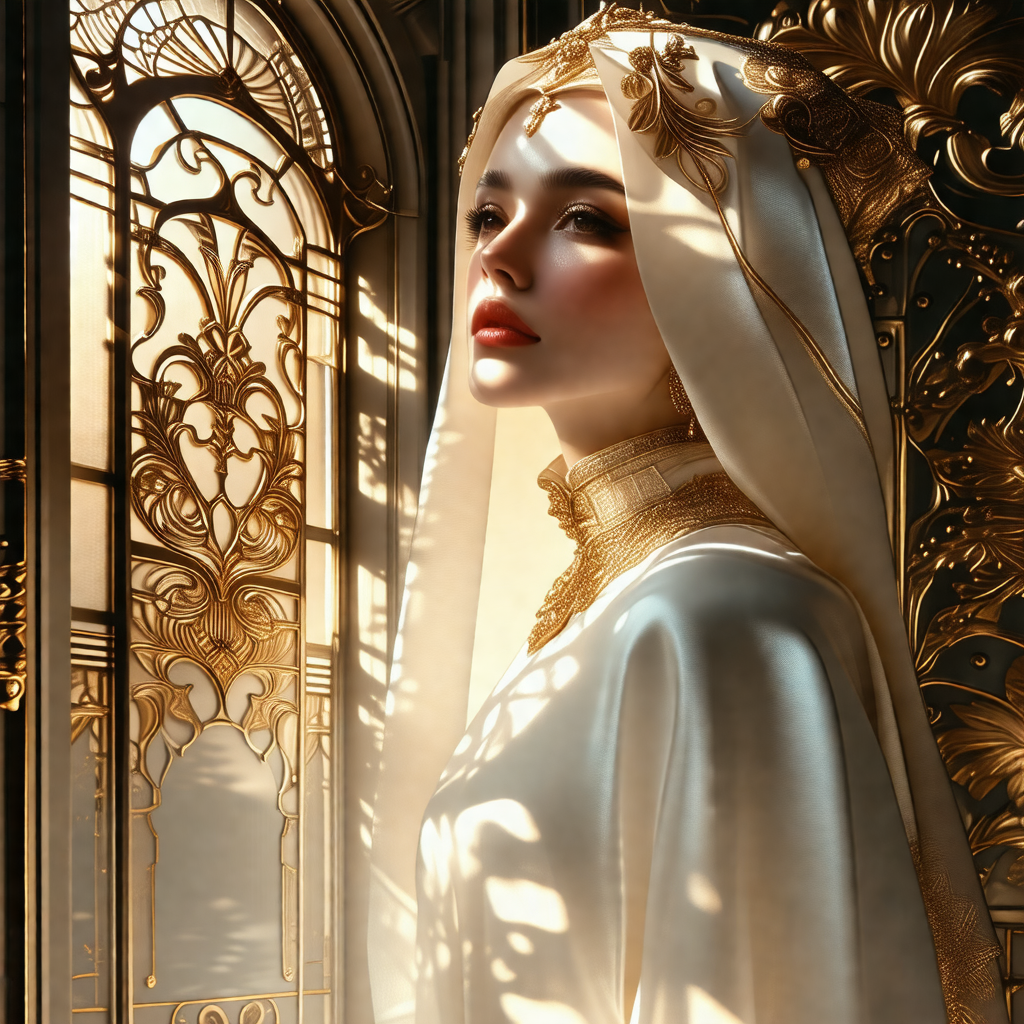 Woman wearing a white veil, standing in front of a window