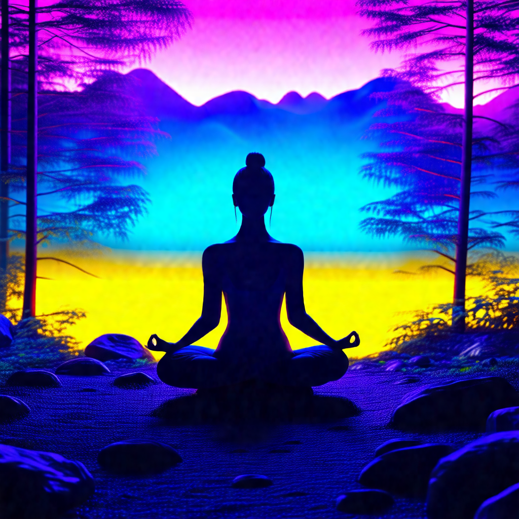 Woman sitting in a lotus position on a rock, surrounded b...