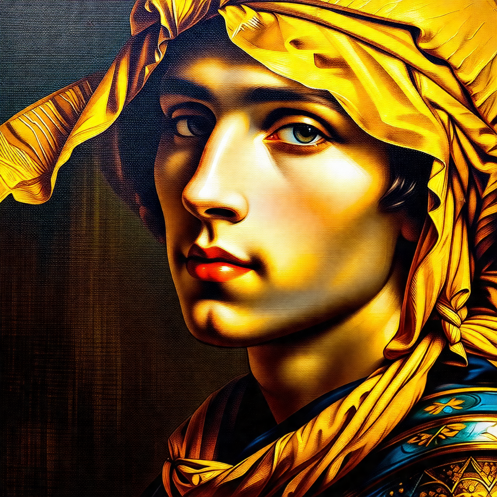 Man with a yellow headpiece, possibly a turban, and a blu...