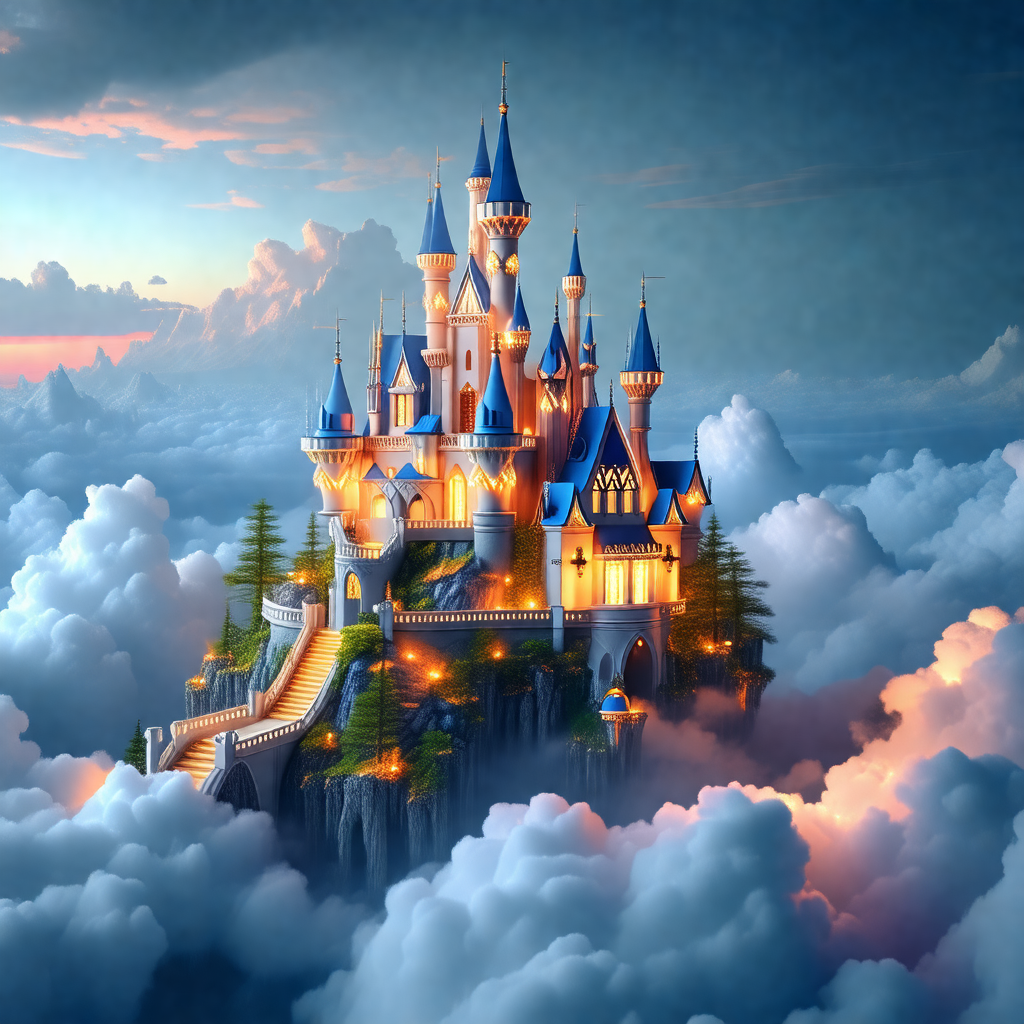 Beautifully drawn castle, which appears to be floating in...