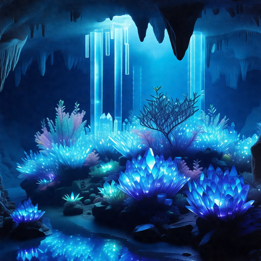 Colorful, computer-generated scene of a cave with a blue ...