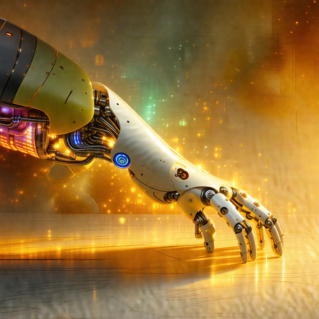 Robotic arm with a blue circle on the palm of its hand