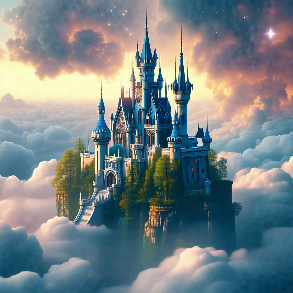 Beautiful castle floating in the sky, surrounded by clouds