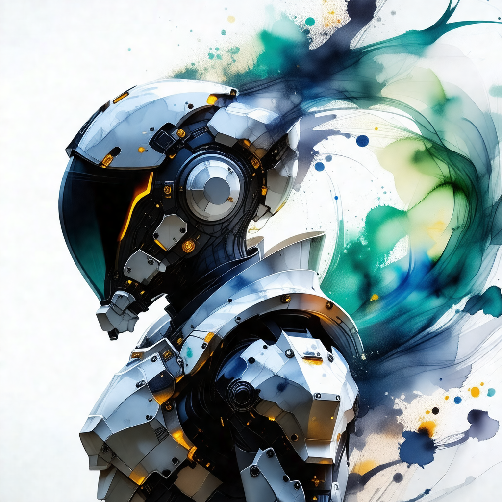 Futuristic robot with a white helmet, standing in the cen...