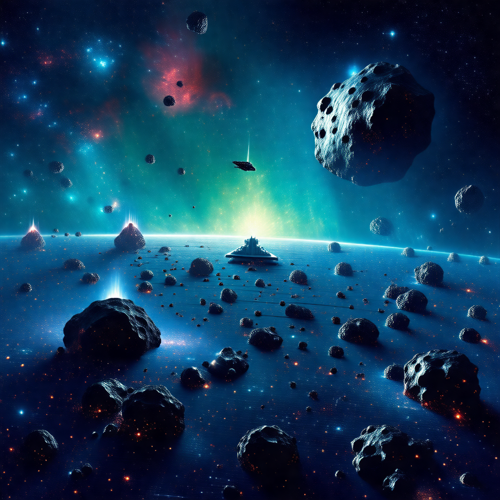 Digital painting of a space scene featuring a spaceship f...