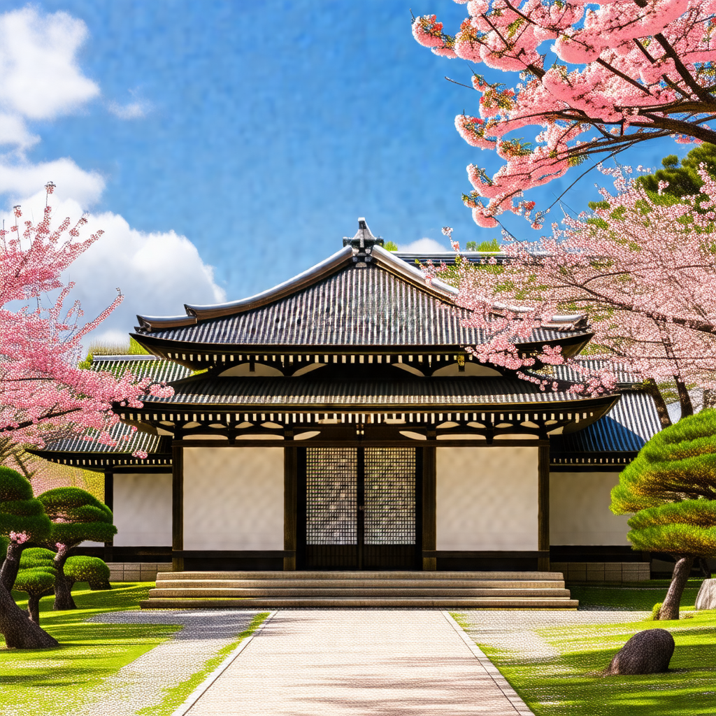 Beautiful japanese garden with a white building in the ce...