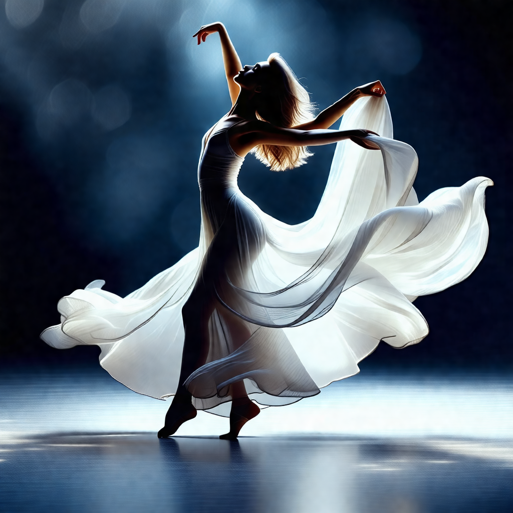 Woman in a white dress, dancing gracefully on a stage