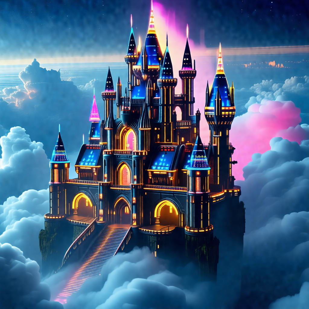 Large, colorful castle with a purple and blue color scheme