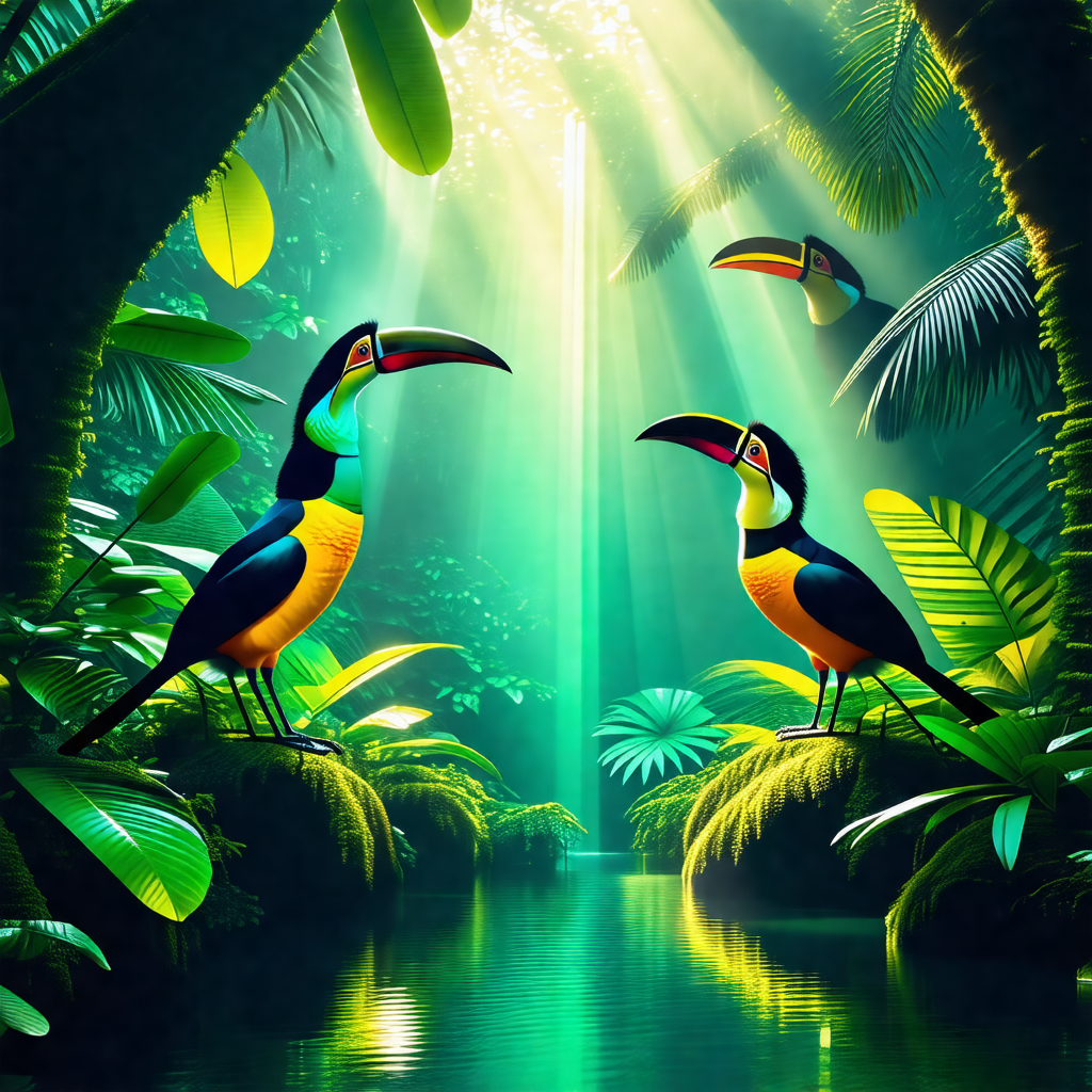 Two colorful birds perched on a branch in a lush green fo...