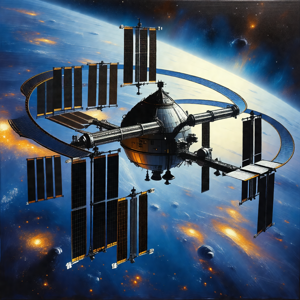 Large space station with a dome-shaped structure at its c...