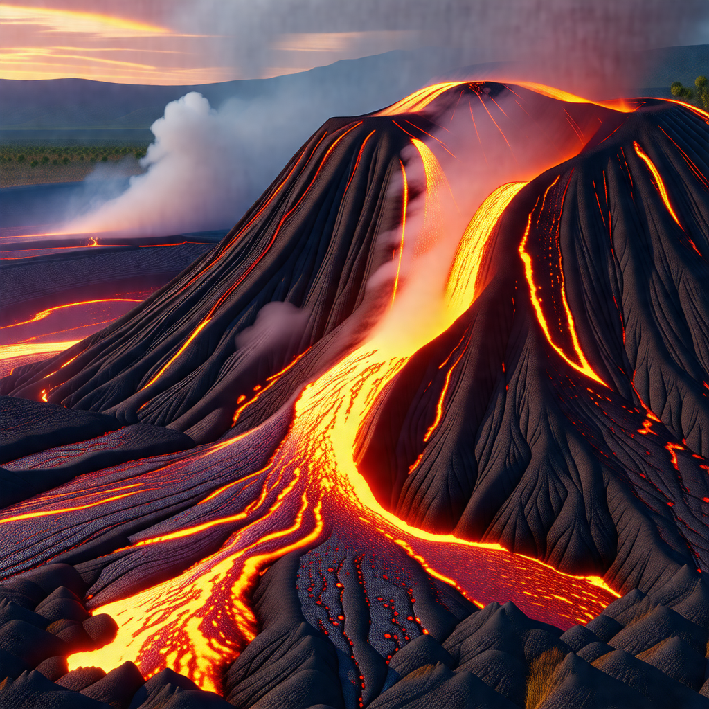 Large, red, and orange volcano with a flowing lava stream