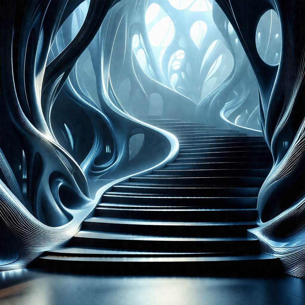 Futuristic staircase with a blue and silver color scheme