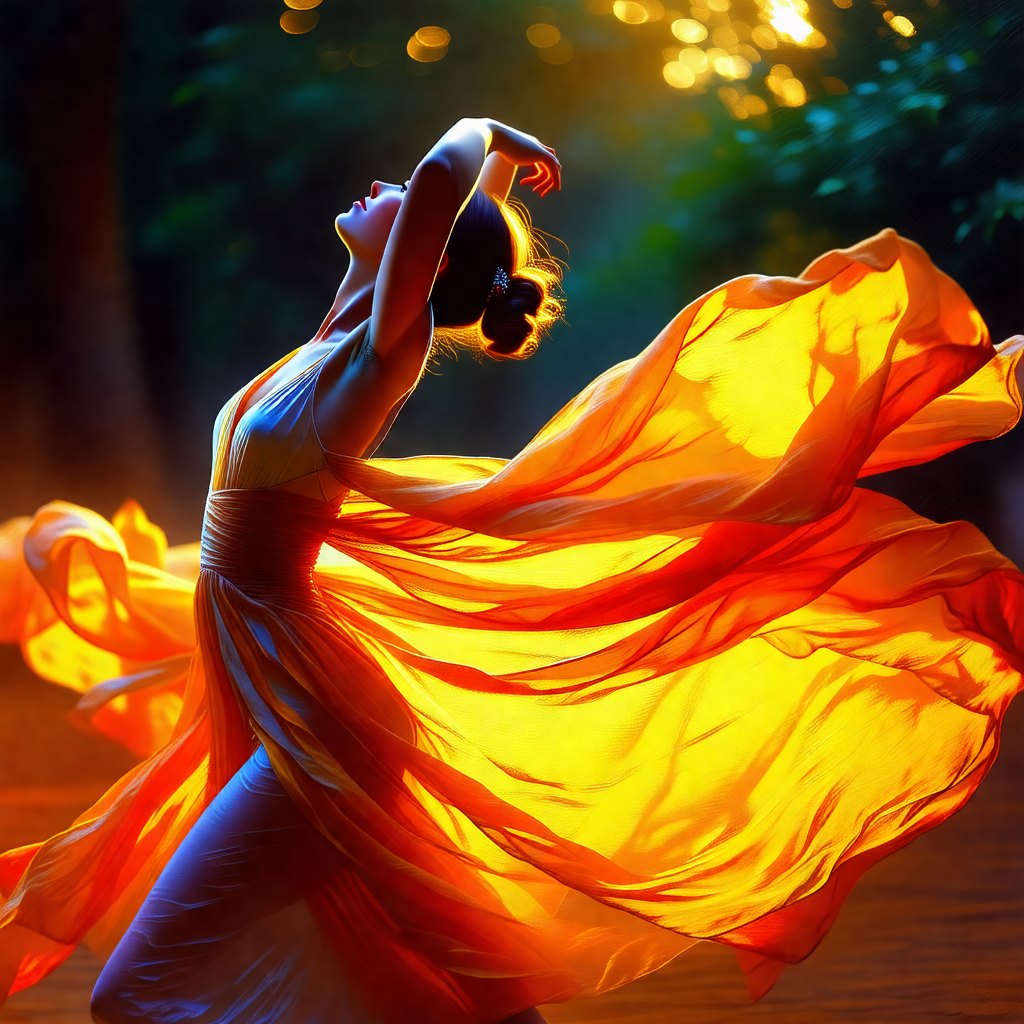 Woman in a flowing dress, dancing in a forest setting