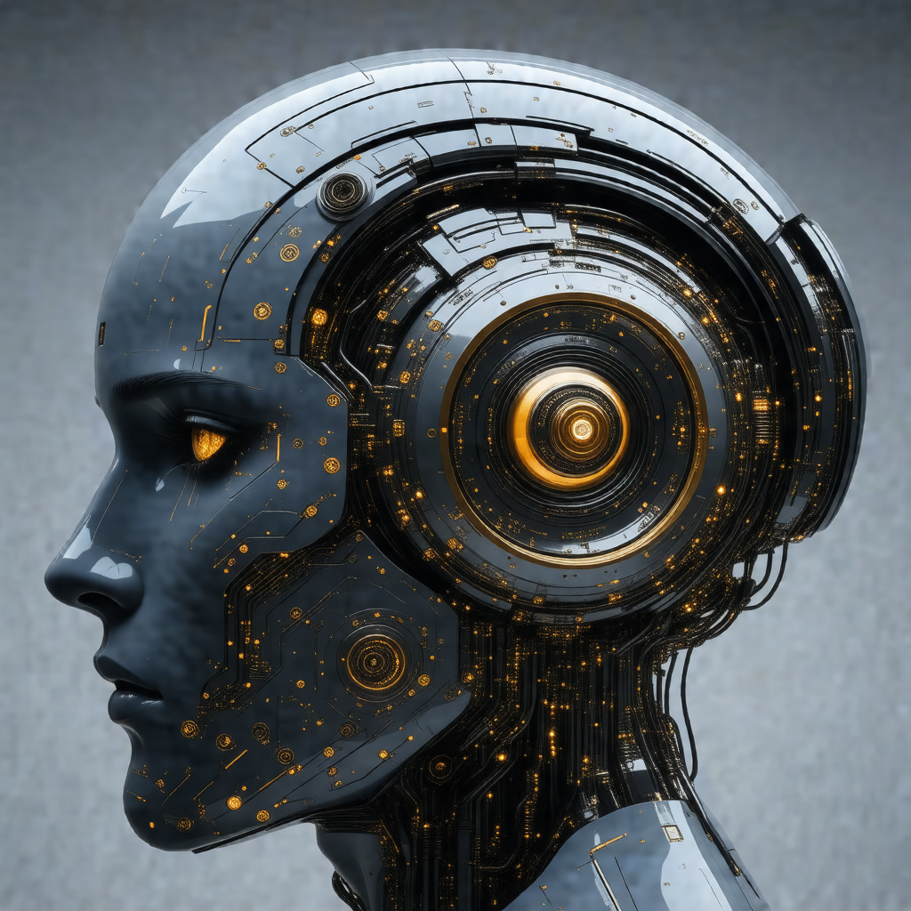 Futuristic robot head with a large, round, yellow center