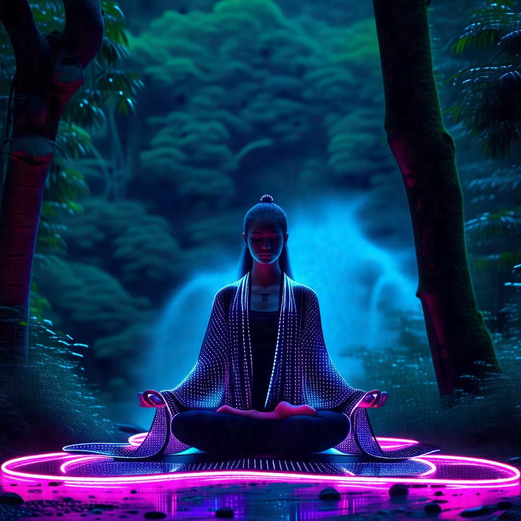 Woman sitting in a lotus position on a purple circle, whi...