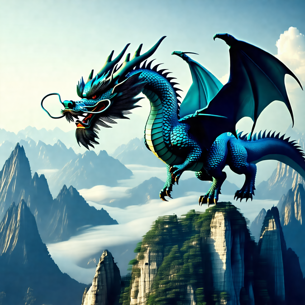 Large, blue dragon with a long neck and a long tail, stan...