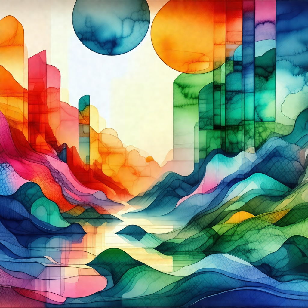 Colorful painting of a cityscape with a river flowing thr...