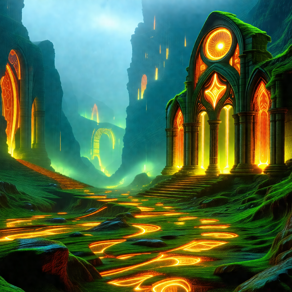 Digital painting of a fantasy world with a winding path l...