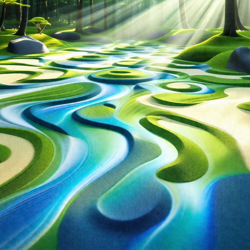 Lush green field with a river flowing through it