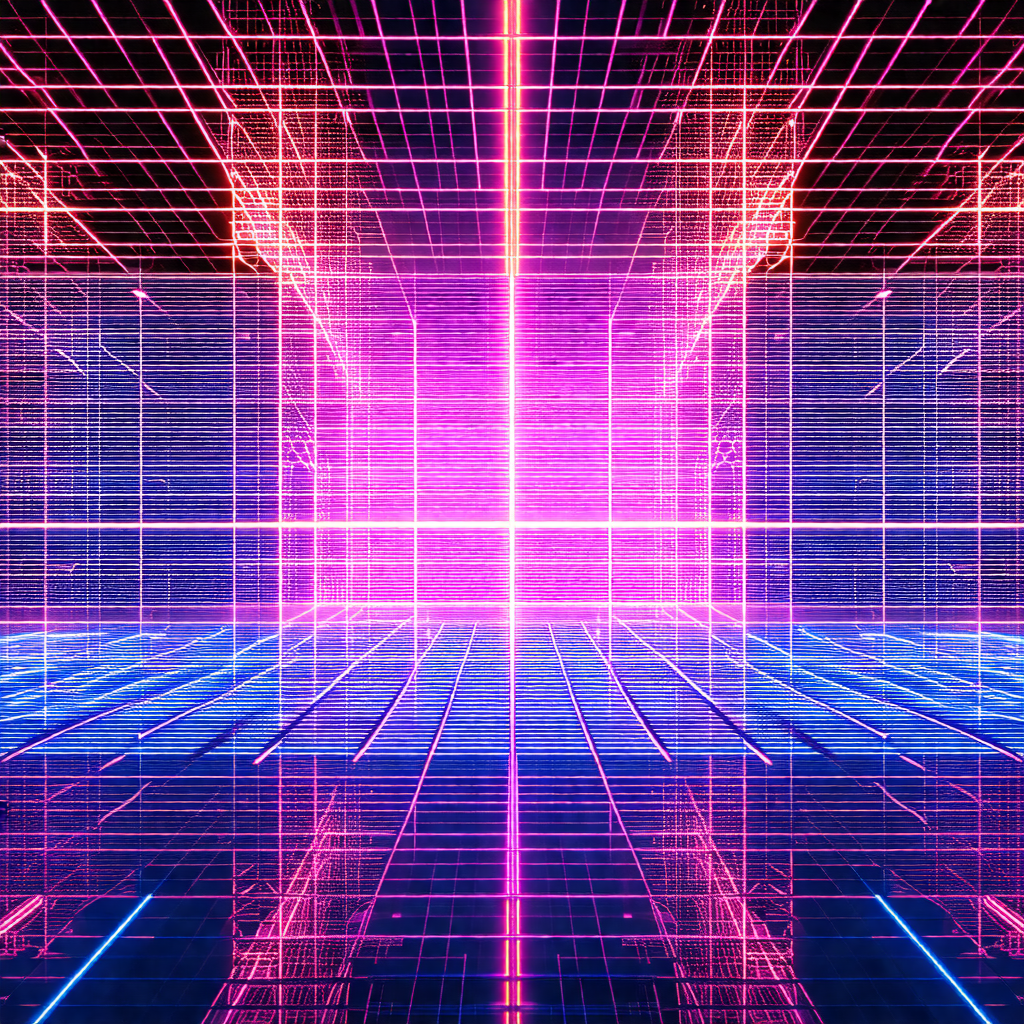 Futuristic, neon-colored scene with a large, open doorway