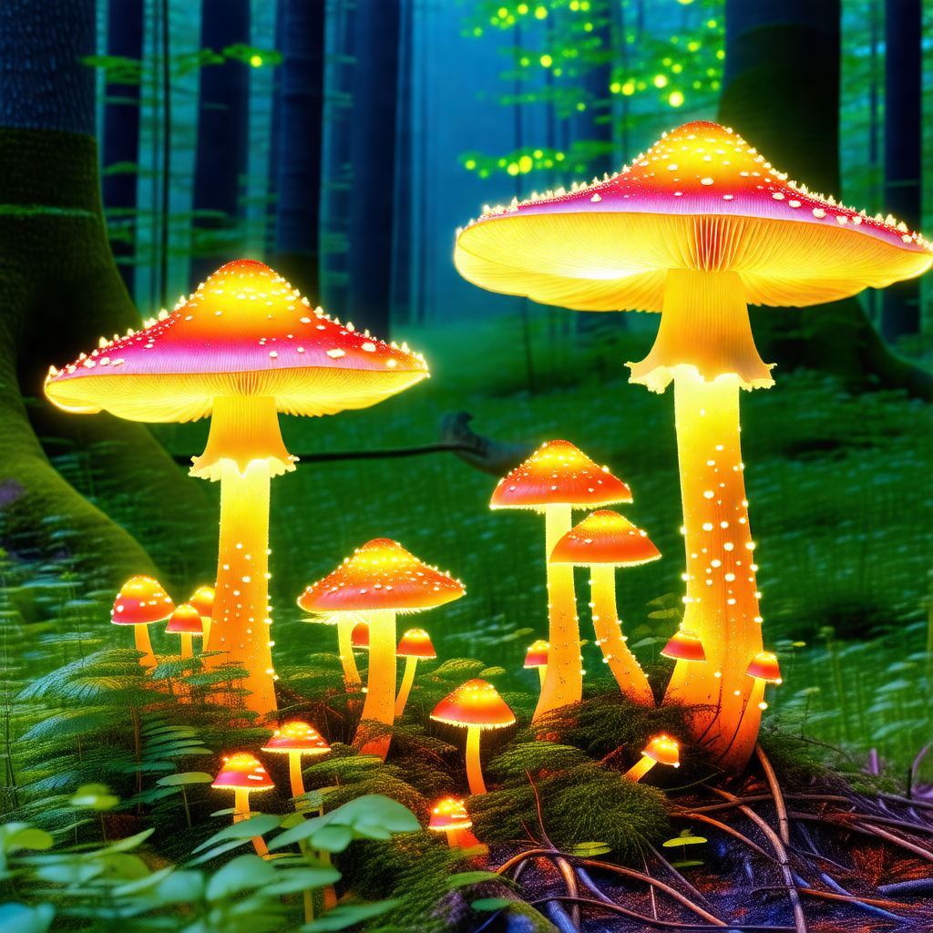 Lush green forest with a group of brightly lit mushrooms ...