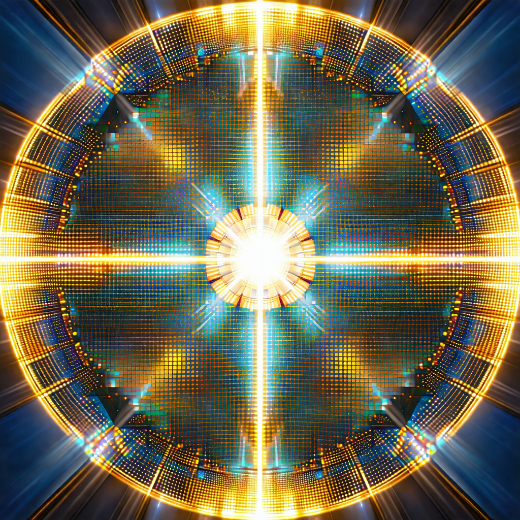 Close-up of a brightly lit, circular object with a yellow...
