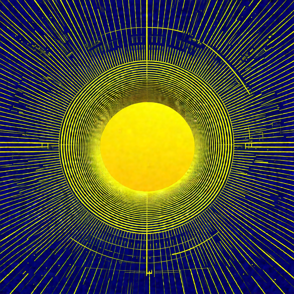 Yellow sun in the center of the frame, surrounded by a bl...
