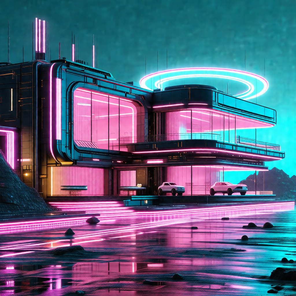 Futuristic building with a pink and purple neon glow