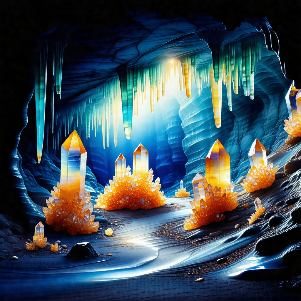 Digital painting of a cave with a blue and yellow color s...