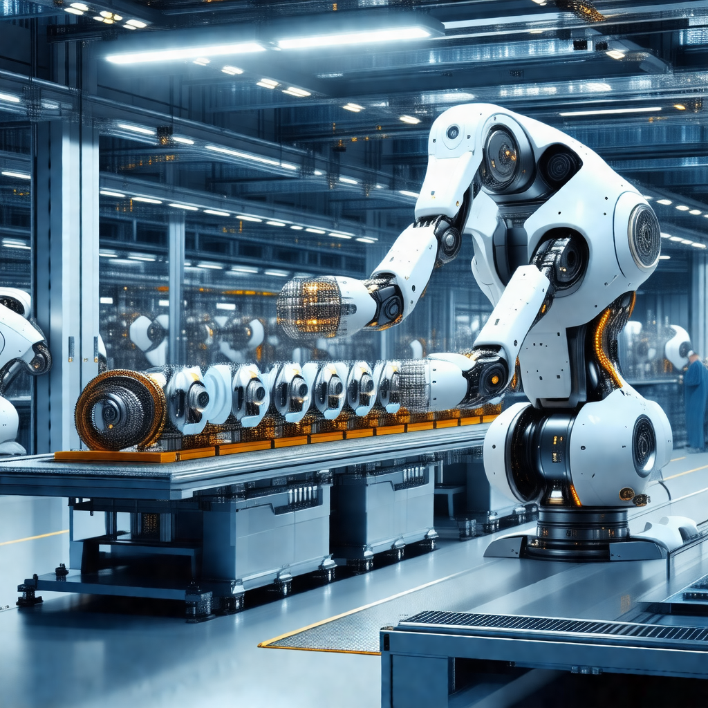 Factory setting with a large white robotic arm positioned...