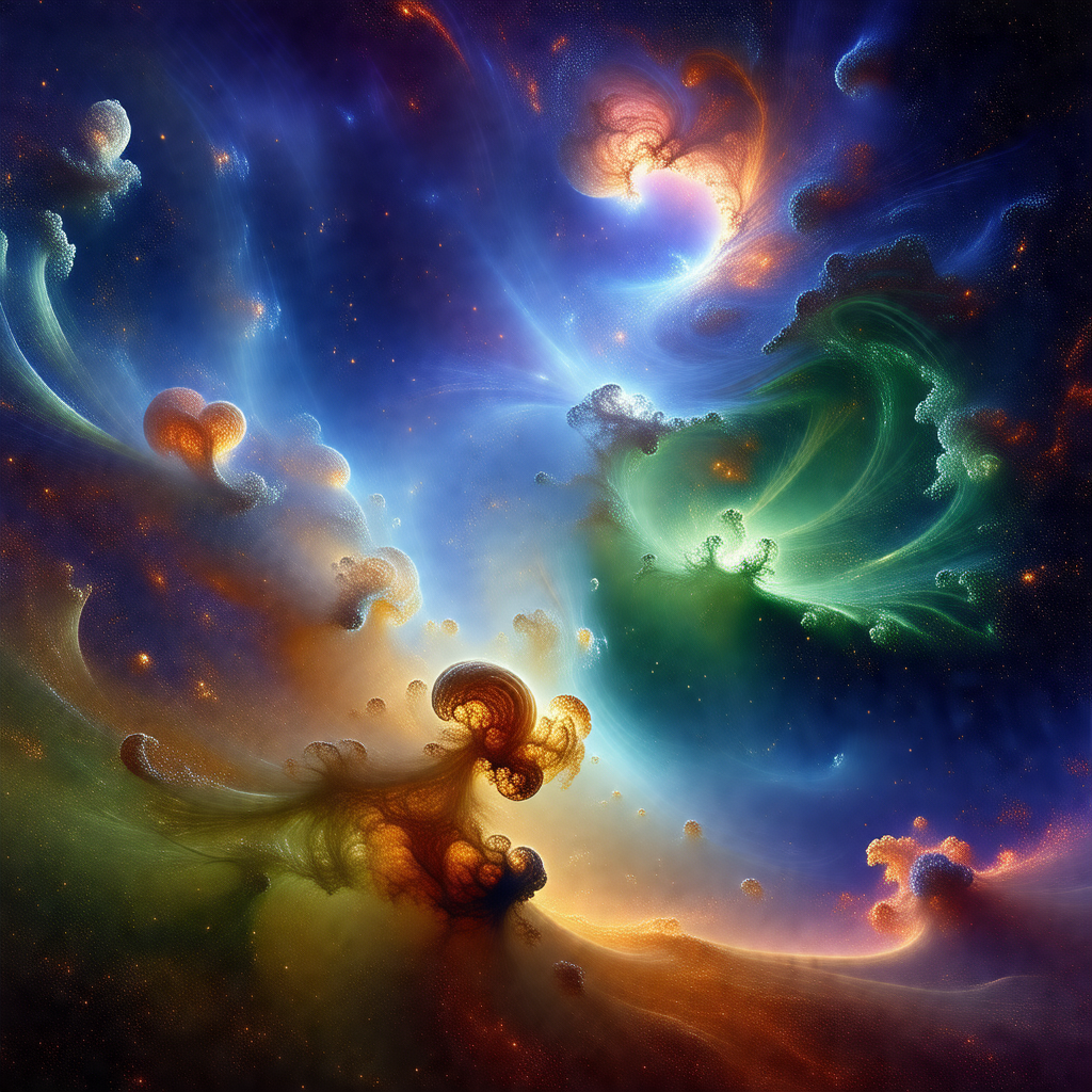 Vibrant and colorful painting of two swirling, spiraling,...