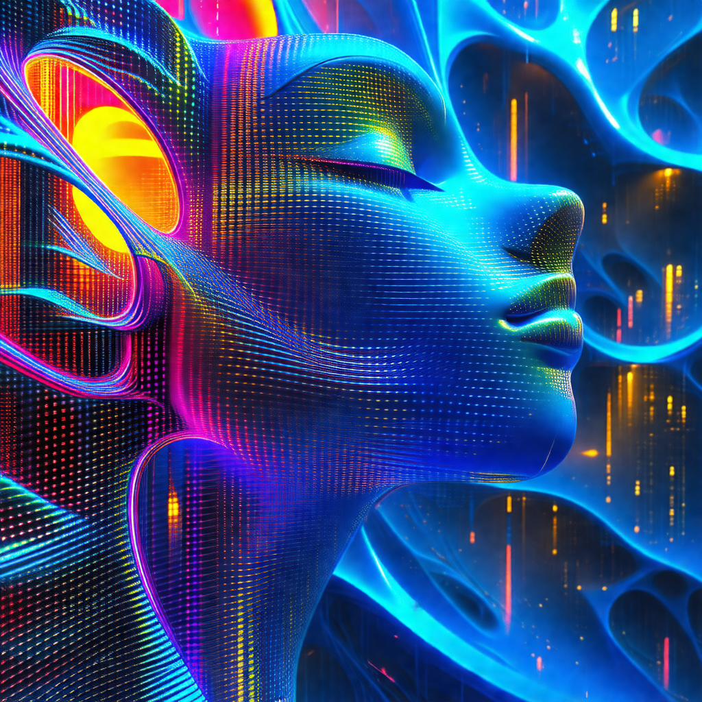 Woman with a blue and pink face, possibly a futuristic or...