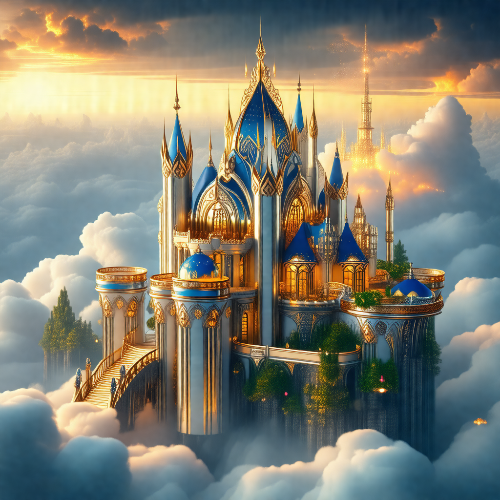 Large, ornate castle with a blue and gold color scheme